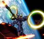  adrastea-class_battleship commentary_request earth_(planet) energy energy_cannon glowing gundam hiropon_(tasogare_no_puu) in_orbit light mecha mobile_suit no_humans planet robot science_fiction space spacecraft sparks victory_gundam zanneck zanscare 