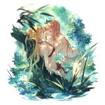  2girls athena_(granblue_fantasy) bikini blonde_hair blue_flower breasts earrings enyo_(granblue_fantasy) enyo_(summer)_(granblue_fantasy) flower granblue_fantasy green_eyes hair_ornament jewelry large_breasts long_hair looking_at_another multiple_girls official_art orange_hair purple_eyes red_bikini swimsuit white_bikini 