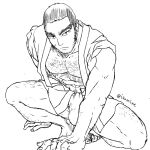  1boy bara bare_pectorals beard bulge buzz_cut chest_hair facial_hair full_body fundoshi golden_kamuy greyscale hairy hand_on_floor happi isomine japanese_clothes large_pectorals long_sideburns looking_at_viewer mature_male monochrome muscular muscular_male pectorals sanpaku scar scar_on_cheek scar_on_face serious short_hair sideburns solo squatting tanigaki_genjirou thick_eyebrows tied_sleeves very_short_hair 