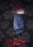  1other :/ androgynous arms_at_sides bags_under_eyes black_background black_eyes blood blood_on_clothes blood_on_hands blood_trail blue_shorts blue_sweater boots brown_hair chiyo_maru commentary_request dripping flowey_(undertale) frisk_(undertale) highres hunched_over long_sleeves looking_ahead narrowed_eyes nervous_sweating pale_skin pink_sweater pool_of_blood recurring_image red_footwear short_eyebrows short_hair shorts signature solo striped striped_sweater sweat sweater two-tone_sweater undertale v-shaped_eyebrows 
