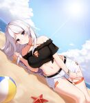  1girl 3: ball bare_shoulders beach beachball black_eyes black_shirt blue_sky bracelet breasts cleavage cleavage_cutout closers clothing_cutout cloud cropped_shirt dutch_angle feet_out_of_frame frown hand_on_own_thigh hand_up highres holding holding_hair jewelry large_breasts levia_(closers) long_hair looking_at_viewer lying navel no_pupils o-ring o-ring_thigh_strap ocean off-shoulder_shirt off_shoulder official_art on_side pointy_ears sand shirt short_shorts short_sleeves shorts sky solo starfish stomach sun thigh_strap tied_shirt white_hair white_shorts 