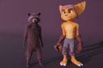  2023 3d_(artwork) anthro barefoot bottomwear brown_body brown_fur clothed clothing digital_media_(artwork) duo eyebrows featureless_crotch feet fur gloves green_eyes guardians_of_the_galaxy handwear headgear headwear hi_res lombax looking_at_viewer male mammal marvel nude pants procyonid raccoon ralic_turman ratchet ratchet_and_clank rocket_raccoon sony_corporation sony_interactive_entertainment standing striped_body striped_fur stripes topless yellow_body yellow_fur 