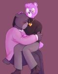  2023 abbytabbys anthro bear biped black_nose blush bodily_fluids bottomwear clothing duo embrace eyes_closed hi_res hug humanoid_hands mammal padre_(unicorn_wars) pants purple_body sad sargento_caricias shirt simple_background tears topwear unicorn_wars 