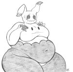  absurd_res anthro belly black_body blush bodily_fluids breasts clothing female flustered generation_7_pokemon hi_res mimikyu navel nintendo octomilkx overweight overweight_anthro overweight_female panties pokemon pokemon_(species) signature smile solo sweat sweatdrop thick_thighs underwear 