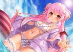  1girl :o akine_(kuroyuri) ball beachball bikini blue_sky blush breasts character_request cloud coat commentary_request copyright_request day demon_wings dutch_angle frilled_bikini frills hair_ribbon highres long_hair long_sleeves looking_at_viewer navel ocean open_mouth outdoors pink_eyes pink_hair purple_coat ribbon sideboob sky small_breasts standing stomach sun swimsuit thigh_strap virtual_youtuber water_drop white_bikini wings 