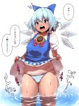  1girl blue_bow blue_dress blue_eyes blue_hair blue_panties bow cirno clothes_lift commentary_request detached_wings dress dress_lift flower hair_bow highres ice ice_wings lifted_by_self open_mouth panties short_hair short_sleeves simple_background solo starraisins striped striped_panties sunflower tanned_cirno teeth touhou translation_request underwear upper_teeth_only wading white_background white_panties wings 