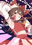  1girl absurdres armpits ascot bare_shoulders blush bow brown_eyes brown_hair detached_sleeves e_sdss gohei hair_between_eyes hair_bow hair_tubes hakurei_reimu highres holding holding_gohei japanese_clothes navel nontraditional_miko open_mouth red_bow red_skirt ribbon-trimmed_sleeves ribbon_trim sarashi short_hair sidelocks skirt solo touhou upper_body white_sleeves wide_sleeves yellow_ascot 
