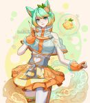  1girl ahri_(league_of_legends) animal_ears artist_name bare_shoulders breasts clothing_cutout cowboy_shot dagikatt fingerless_gloves food fox_ears fox_tail fruit gloves green_hair heart_cutout highres index_finger_raised large_breasts league_of_legends miniskirt orange_(fruit) orange_gloves orange_hair orange_skirt pleated_skirt see-through shirt short_hair skirt solo tail watermark zipper 