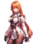  1girl black_gloves blue_eyes breasts closed_mouth commentary_request covered_navel drachenriese dress elhaym_van_houten gloves long_hair looking_at_viewer medium_breasts orange_hair pantyhose simple_background smile solo standing very_long_hair white_background xenogears 