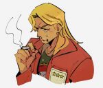  1boy black_eyes blonde_hair cigarette clenched_teeth commentary_request cropped_torso crying crying_with_eyes_open fingernails green_shirt grey_background highres holding holding_cigarette inudori jacket kaiji kitami_(kaiji) long_hair male_focus medium_bangs parted_bangs red_jacket shirt simple_background smoking solo star_(symbol) tears teeth upper_body 