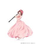  1girl aria azusa_mclaren collarbone copyright copyright_name dress floral_print flower full_body hair_flower hair_ornament hands_up highres holding holding_instrument instrument long_dress long_hair music oboe off-shoulder_dress off_shoulder pink_dress pink_flower playing_instrument print_dress red_flower red_hair simple_background smile solo standing standing_on_one_leg strapless strapless_dress tiptoes toe_cleavage white_background white_footwear 