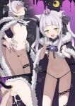  1girl absurdres anal_tail animal_ear_fluff animal_ears black_panties blunt_bangs blush breasts cat_ears cat_girl cat_tail cum cum_in_pussy eguegu fake_tail flat_chest grey_hair highres hololive long_hair multiple_views murasaki_shion navel open_mouth panties sex small_breasts stomach_bulge tail underwear vaginal virtual_youtuber 