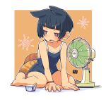  1girl :o animal_ears black_hair blue_one-piece_swimsuit bob_cut border collarbone electric_fan fang fox_ears fox_girl fox_tail full_body kukuri_(mawaru) mawaru_(mawaru) multiple_tails one-piece_swimsuit open_mouth orange_background original purple_eyes short_hair skin_fang solo summer swimsuit tail white_border 