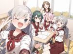  5girls :d ;d ^_^ black_bow bow braid brown_hair chair character_request classroom closed_eyes closed_mouth commentary_request green_hair grey_eyes grey_hair hair_bow highres hisakawa_hayate hisakawa_nagi idolmaster idolmaster_cinderella_girls indoors long_hair looking_at_viewer multiple_girls on_chair one_eye_closed open_mouth pink_hair red_sailor_collar red_skirt sailor_collar school_uniform selfie serafuku shirt short_sleeves single_braid skirt smile table v white_shirt window yukie_(kusaka_shi) yumemi_riamu 