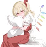  1girl blonde_hair blush closed_mouth crystal flandre_scarlet hair_between_eyes hair_ribbon highres holding holding_pillow looking_at_viewer no_headwear paragasu_(parags112) pillow puffy_short_sleeves puffy_sleeves red_eyes red_ribbon red_skirt ribbon short_sleeves side_ponytail simple_background sitting skirt solo touhou white_background wings 