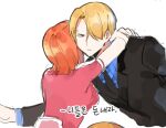  1boy 1girl bad_id bad_twitter_id black_eyes black_suit blonde_hair blue_shirt commentary_request hair_over_one_eye hug joman korean_commentary looking_at_viewer nami_(one_piece) necktie one_piece orange_hair pink_shirt sanji_(one_piece) shirt short_hair short_sleeves simple_background striped striped_shirt suit translation_request vertical-striped_shirt vertical_stripes white_background 