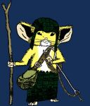  anthro bag belt blue_background clothing epipan_(artist) fur hat headgear headwear hook looking_at_viewer male mammal mouse mouse_guard murid murine rodent rope simple_background solo standing wooden_staff yellow_body yellow_fur 