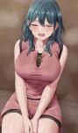  1girl absurdres amayo_thranana bike_shorts bike_shorts_under_shorts blue_hair blush breasts byleth_(female)_(fire_emblem) byleth_(fire_emblem) closed_eyes facing_viewer fire_emblem fire_emblem:_three_houses highres hot large_breasts long_hair open_mouth pink_shirt pink_shorts raised_eyebrows shirt shorts sitting sleeveless solo sweat teeth thighs 