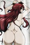  1girl absurdres bare_back bare_hips bed_sheet breasts cuffs erza_scarlet fairy_tail handcuffs highres non-web_source nude official_art red_hair smile tattoo 