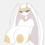  andromorph anthro areola arthropod big_areola big_breasts breasts cannedtaco female generation_7_pokemon hi_res intersex looking_at_viewer nintendo nipples nude pheromosa pokemon pokemon_(species) purple_eyes simple_background solo ultra_beast white_body white_skin yellow_nipples 