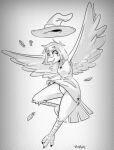  avian bird black_and_white bun_butts clothing comic eyelashes feathers female flying hair hat headgear headwear hi_res invalid_tag looking_at_viewer magic_user monochrome panties robe simple_background smile solo underwear wings wizard_hat 