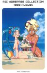  1990s_(style) 2girls aqua_hair barefoot beach bikini blonde_hair blue_eyes blue_one-piece_swimsuit breasts bucket cabbit can casual_one-piece_swimsuit company_name copyright dark-skinned_female dark_skin day facial_mark forehead_mark freckles hair_ribbon kneeling kuramitsu_mihoshi large_breasts long_hair looking_at_viewer masaki_sasami_jurai multiple_girls non-web_source one-piece_swimsuit open_mouth outdoors pink_bikini pink_eyes pointy_ears retro_artstyle ribbon ryou-ouki sand sand_castle sand_sculpture sitting smile swimsuit tenchi_muyou! twintails updo very_long_hair 