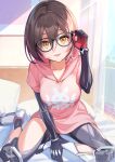  1girl android brown_hair glasses highres hololive hood hoodie kainown looking_at_viewer mechanical_arms mechanical_legs pillow pink_hoodie roboco-san short_sleeves solo teardrop-framed_glasses virtual_youtuber yellow_eyes 