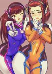  2girls animal_print blue_bodysuit bodysuit breasts brigitte_(overwatch) brown_background brown_eyes brown_hair cosplay d.va_(overwatch) d.va_(overwatch)_(cosplay) embarrassed facepaint facial_mark freckles headphones large_breasts long_hair looking_at_viewer multiple_girls muscular muscular_female overwatch overwatch_1 pilot_suit ponytail rabbit_print ribbed_bodysuit shoulder_pads smile tobio_(honya) whisker_markings 