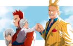  1girl 3boys :d aged_down all_might black_shirt blonde_hair blue_pants blue_shirt boku_no_hero_academia carrying carrying_person child collared_shirt day endeavor_(boku_no_hero_academia) facial_hair family father_and_son from_side grey_hair grey_vest highres holding_hands jacket long_hair mother_and_son multicolored_hair multiple_boys open_mouth outdoors pants parted_lips profile red_hair red_jacket shirt short_hair smile split-color_hair striped striped_jacket striped_shirt stubble teeth todoroki_rei todoroki_shouto trevo_(trevoshere) two-tone_hair upper_teeth_only vest yellow_jacket 