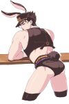  1boy adapted_costume animal_ears ass black_panties black_thighhighs crop_top detached_collar fake_animal_ears jojo_no_kimyou_na_bouken kujo_jotaro lanxjourney leaning_forward looking_at_viewer looking_back male_focus panties parted_lips rabbit_ears rabbit_tail solo stardust_crusaders tail thighhighs underwear wrist_cuffs 
