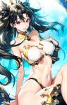  1girl armlet bikini black_hair black_thighhighs bracelet breasts detached_sleeves earrings fate/grand_order fate_(series) gold_trim hair_ribbon hand_on_own_chest heavenly_boat_maanna highres hoop_earrings ishtar_(fate) jewelry long_hair looking_at_viewer medium_breasts mismatched_bikini navel neck_ring open_mouth parted_bangs punc_p red_eyes ribbon single_detached_sleeve single_thighhigh smile solo swimsuit thighhighs thighlet thighs tiara two_side_up 