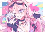  1girl ;d ahoge angry barbed_wire black_choker black_gloves blonde_hair blush breasts chibi choker cleavage collarbone danganronpa_(series) danganronpa_v3:_killing_harmony fingerless_gloves gloves goggles goggles_on_head grey_hair grin hair_between_eyes hands_up iruma_miu k1-b0 large_breasts looking_at_another mo_hara multicolored_background one_eye_closed pink_eyes pink_shirt portrait power_armor sailor_collar shirt smile teeth white_sailor_collar 