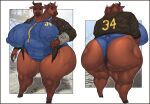  2023 2_heads 5_fingers absurd_res anthro big_breasts big_butt biped blue_clothing bovid bovine brahmin_(fallout) breasts butt cattle cellulite clothed clothing dizzyknight eyebrows female fingers green_eyes hi_res hooves horn huge_breasts huge_butt mammal multi_head overweight overweight_anthro overweight_female rear_view solo thick_thighs 