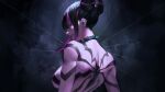  1girl black_hair breasts collar double_bun earrings from_behind grin hair_bun han_juri highres jewelry large_breasts looking_back multicolored_hair phamoz pink_eyes pink_hair smile solo spider_tattoo spiked_collar spikes streaked_hair street_fighter street_fighter_6 tattoo topless upper_body 