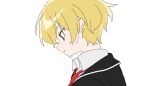  1boy black_jacket blonde_hair collared_shirt commentary jacket limbus_company male_focus name_(oiuio) necktie parted_lips profile project_moon shirt short_hair simple_background sinclair_(limbus_company) tears white_background white_shirt yellow_eyes 