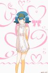  1girl arms_behind_back bare_arms bare_legs blue_eyes blue_hair blush bright_pupils cable_knit closed_mouth commentary_request dress hairband heart lana_(pokemon) mizu_majuu_(waterman10) no_sclera pokemon pokemon_(game) pokemon_sm raised_eyebrows short_dress short_hair solo sweater sweater_dress twitter_username watermark white_background white_pupils yellow_hairband 