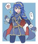  1girl anger_vein armor between_breasts blue_cape blue_eyes blue_hair blush breasts cape commentary_request cropped_legs disembodied_limb fingerless_gloves fire_emblem fire_emblem_awakening gloves groping highres lucina_(fire_emblem) medium_breasts molestation shoulder_armor spoken_anger_vein strap_between_breasts sweatdrop tiara translation_request two-sided_cape two-sided_fabric v-shaped_eyebrows white-stew 