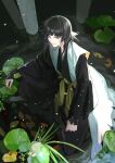  1girl absurdres artist_name black_hair black_kimono bleach dated grass haori highres in_water japanese_clothes jou_(jo_jjo) kimono lily_pad obi pond purple_eyes sash short_hair solo sui-feng taichou_haori yellow_sash 