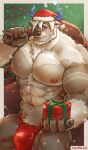  1boy abs absurdres bara big_foot_(housamo) bulge bull chizo_(chizo67) commentary furry furry_male gift hat highres holding holding_gift holding_sack horns male_focus merry_christmas mixed-language_commentary muscular muscular_male sack santa_hat self-upload smiley_face snowing solo tokyo_afterschool_summoners tongue tongue_out topless_male 