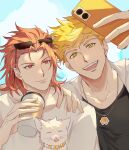  2boys animal black_tank_top blonde_hair cat closed_mouth cloud coffee_cup cup day disposable_cup eyewear_on_head granblue_fantasy green_eyes highres holding holding_cup holding_phone jewelry male_focus multiple_boys necklace open_clothes open_mouth open_shirt outdoors percival_(granblue_fantasy) phone red_eyes red_hair selfie shadow_skg shirt short_hair sky smile sunglasses tank_top upper_body vane_(granblue_fantasy) white_cat white_shirt 