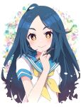  1girl blue_eyes blue_hair blue_sailor_collar closed_mouth copyright_request floral_background flower highres holding holding_pen ixy long_hair looking_at_viewer pen sailor_collar school_uniform serafuku shirt short_sleeves smile solo upper_body white_background white_shirt yellow_eyes 