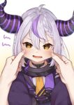  1girl ahoge black_horns braid braided_bangs cheek_pinching collar grey_hair highres hololive horns la+_darknesss long_hair metal_collar multicolored_hair pinching pointy_ears purple_hair streaked_hair striped_horns yellow_eyes yuuki_tegami 