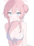  1girl :d absurdres bare_arms bare_shoulders bikini blue_archive blue_eyes blush breasts cleavage collarbone commentary_request hair_between_eyes hair_bun halo highres jyt long_hair looking_at_viewer medium_breasts mimori_(blue_archive) navel pink_hair simple_background single_side_bun smile solo swimsuit upper_body white_background white_bikini 