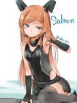  1girl akino_shuu black_gloves black_one-piece_swimsuit black_thighhighs blue_eyes character_name closed_mouth clothes_writing fingerless_gloves gloves headgear kantai_collection long_hair one-piece_swimsuit orange_hair salmon_(kancolle) solo swimsuit thighhighs twitter_username wet 