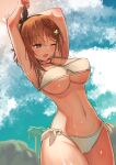  1girl armpits arms_up atelier_(series) atelier_ryza atelier_ryza_2 bikini black_hairband blurry blurry_background braid breasts brown_bikini brown_eyes brown_hair cloud commentary_request hair_between_eyes hair_ornament hairband hairpin highres jewelry key_necklace large_breasts looking_down navel necklace one_eye_closed open_mouth outdoors palm_tree reisalin_stout shiny_skin short_hair side-tie_bikini_bottom sky solo swimsuit tree underboob wet yuutopia 