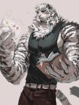  1boy ? animal_ears arknights ashu_monster bara black_tank_top blue_eyes book chain_necklace facial_hair furry furry_male goatee highres holding holding_book holding_letter jewelry large_hands large_pectorals letter looking_at_viewer male_focus mountain_(arknights) muscular muscular_male neck_fur necklace painterly pectorals scar scar_across_eye scar_on_arm scar_on_face short_hair sidepec solo tank_top thick_eyebrows tiger_boy tiger_ears v-taper white_fur white_hair 