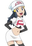  1girl :d arms_behind_back beanie black_gloves black_hair boots commentary_request cosplay cropped_jacket dawn_(pokemon) elbow_gloves eyelashes gloves grey_eyes hainchu hair_ornament hairclip hat highres jacket jessie_(pokemon) jessie_(pokemon)_(cosplay) logo long_hair navel open_mouth pokemon pokemon_(anime) short_sleeves sidelocks skirt smile solo team_rocket team_rocket_uniform teeth thigh_boots tongue upper_teeth_only white_headwear white_jacket white_skirt 