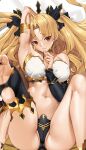  2girls arm_up armlet armpits black_bow black_panties black_thighhighs blonde_hair blush bow breasts cosplay costume_switch dakimakura_(medium) earrings ereshkigal_(fate) fate/grand_order fate_(series) gold_trim hair_bow highres hoop_earrings jewelry large_breasts long_hair looking_at_viewer lying multiple_girls navel neck_ring on_back panties red_eyes siblings single_thighhigh sisters solo_focus thighhighs tony_guisado two_side_up underwear 