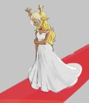  anthro antlers blonde_hair breasts buckteeth capreoline clothing collarbone curvy_figure deer deltarune doe_with_antlers dress female freckles hair happy hi_res holding_arm horn hourglass_figure long_hair mammal noelle_holiday red_carpet red_nose reindeer solo spryavalanche teeth undertale_(series) wedding_dress white_clothing white_dress 