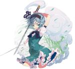  1girl black_bow black_bowtie black_hairband bow bowtie cropped_legs frilled_skirt frills green_eyes green_skirt green_vest grey_hair hairband highres holding holding_sword holding_weapon konpaku_youmu lemonpee123 looking_at_viewer shirt short_hair short_sleeves skirt solo sword touhou vest weapon white_background white_shirt 